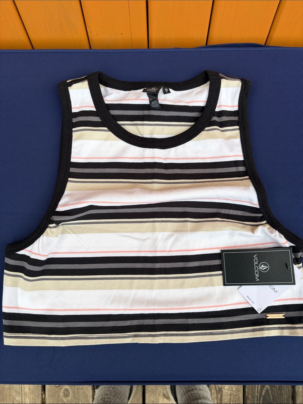 Volcom Striped Crop Tank — Black, Cream & Pink Accents